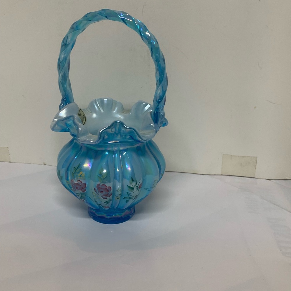 Fenton English Rose Celeste Blue Overlay Basket.